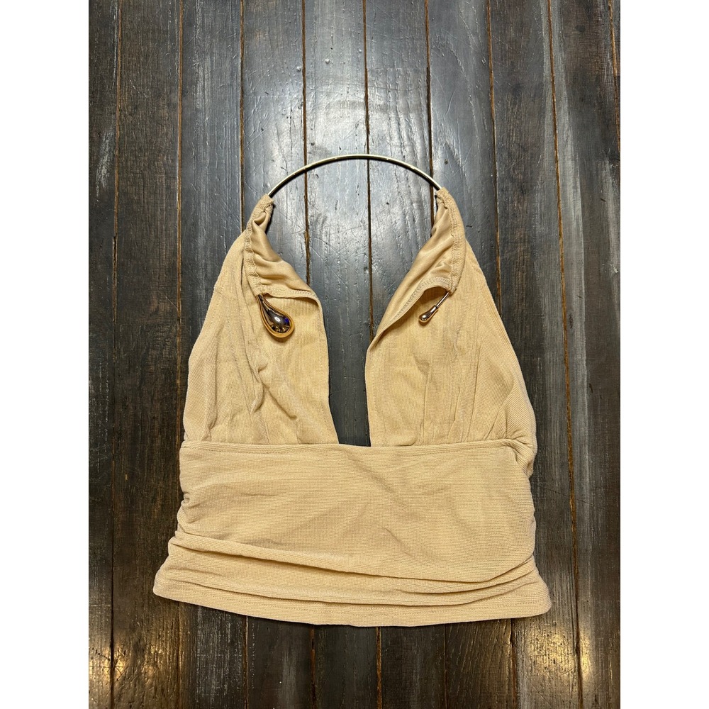 SHEIN Beige Metallic Knit Halter Top Gold Ring Neck Ruched Party Blouse
